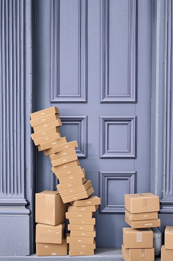 Stack of custom cardboard boxes delivered to a front door